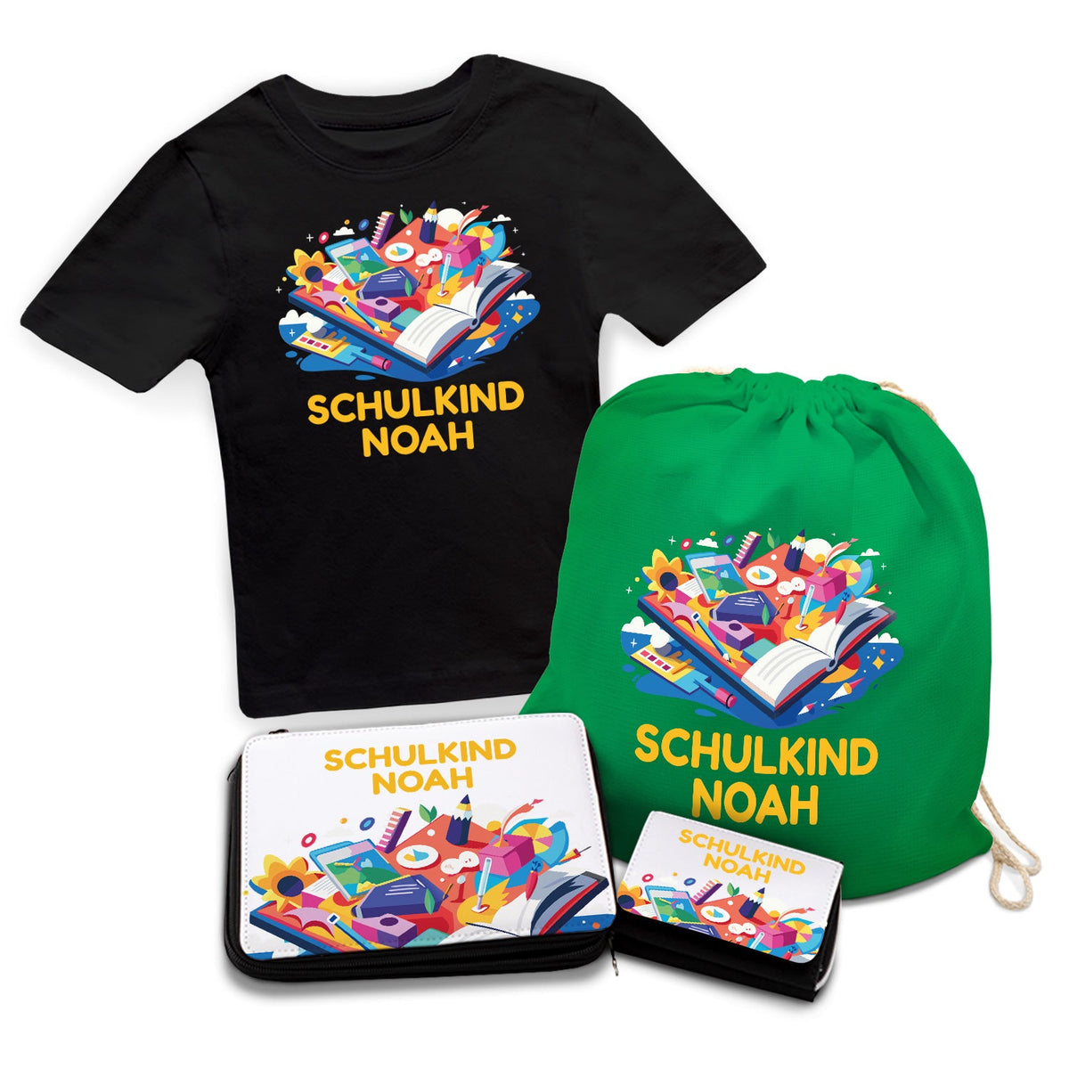 Personalisiertes Schulset - Buch - mit T-Shirt, Sportbeutel,  Federmappe & Geldbörse