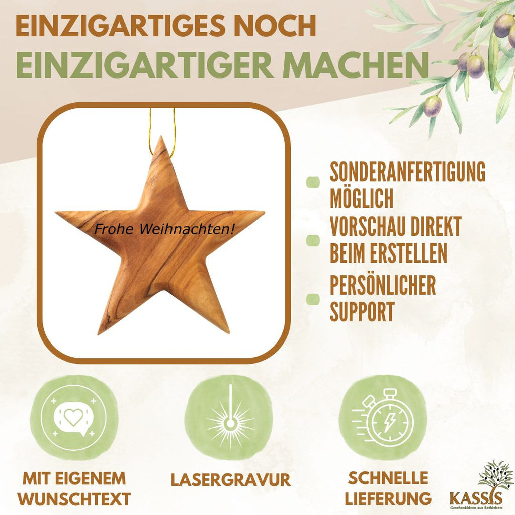 Stern Anhänger aus Olivenholz (8 cm) | Baumschmuck & stilvolle Weihnachtsdeko