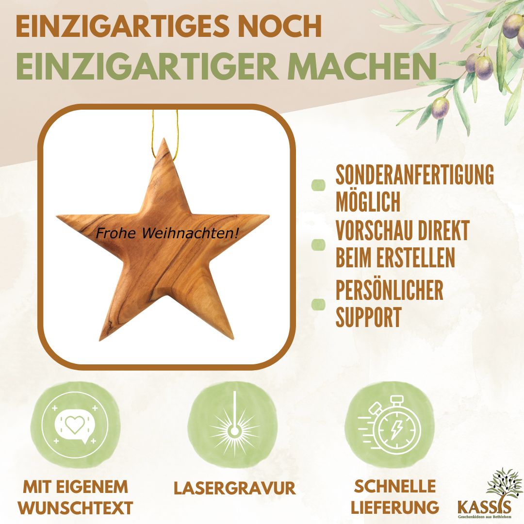 Stern Anhänger aus Olivenholz (8 cm) | Baumschmuck & stilvolle Weihnachtsdeko