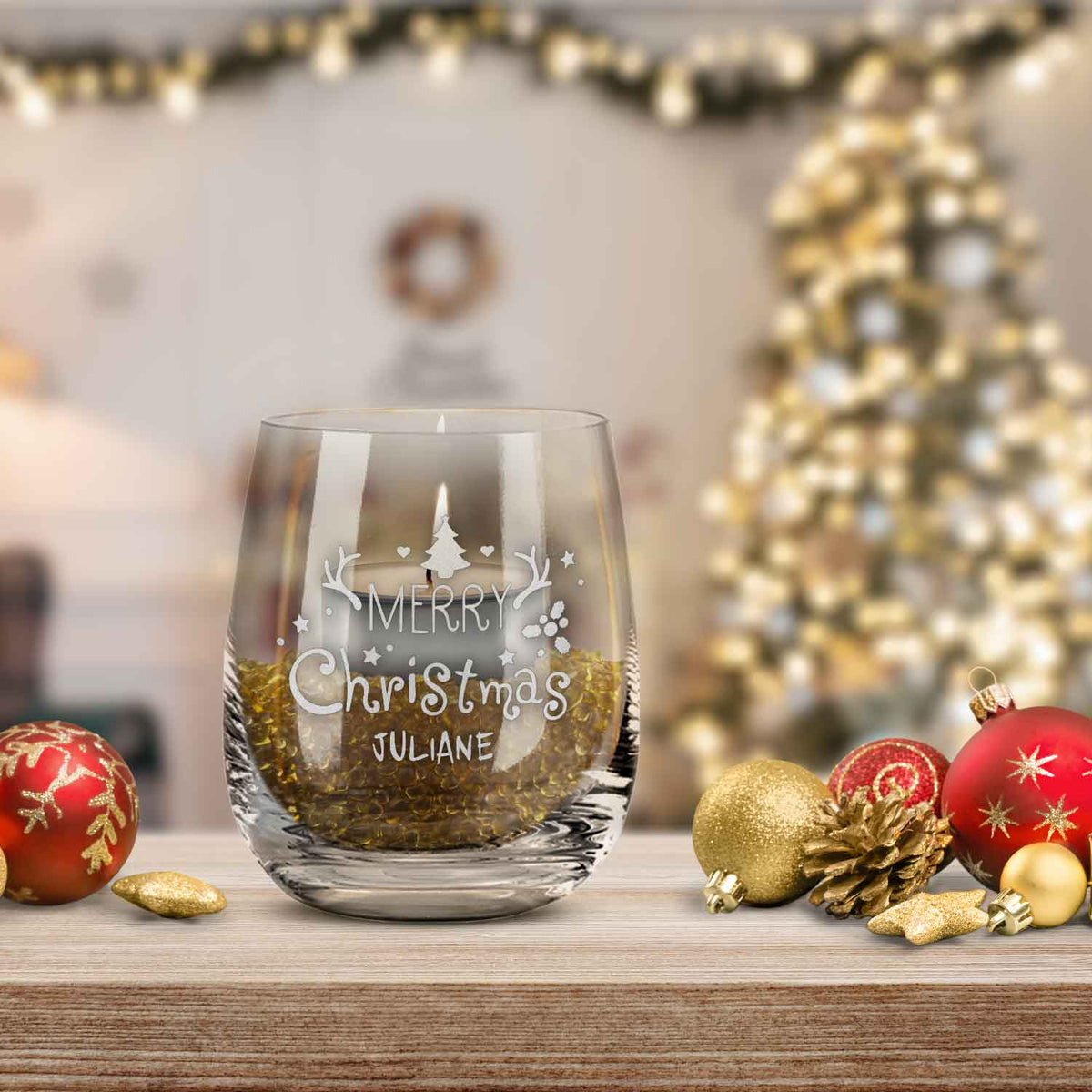 Teelicht mit Gravur - Weihnachtsdeko - Merry Christmas - Personalisiert mit Name